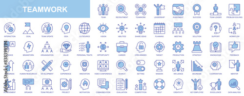 Teamwork web icons set in duotone outline stroke design. Pack pictograms with team, recruitment, leadership, agreement, success, problem solving, progress, goal, vision, planning. Vector illustration. photo