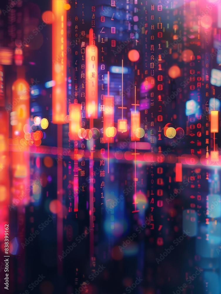 Fototapeta premium Abstract glowing big data forex candlestick chart on blurry city backdrop. Trade, technology, investment and analysis concept hyper realistic