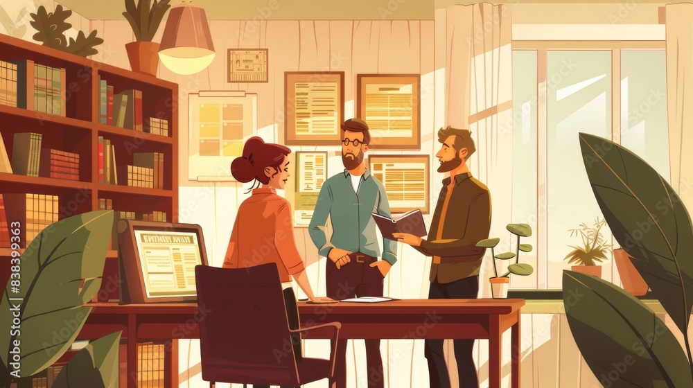 Fototapeta premium An illustrated scene of a financial advisor presenting a financial plan to a young couple, cozy office with bookshelves and certificates, detailed financial documents on the table. Soft lighting,