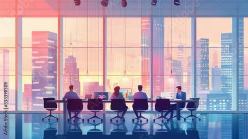 Wallpaper Mural A digital illustration of a business meeting, professional executives in a modern office, analyzing financial charts, graphs on the table, cityscape background visible through large windows. Soft Torontodigital.ca