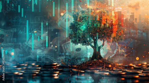 A conceptual art piece of financial growth, symbolic tree made of dollar bills, growing from a pile of coins, digital abstract background with stock market graphs. Vibrant colors, dynamic lighting.