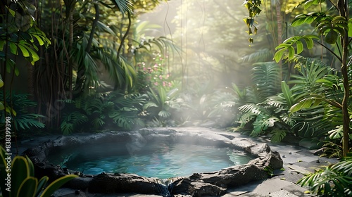 A tranquil spa setting with a bubbling hot spring surrounded by lush greenery. 8k, realistic, full ultra HD, high resolution and cinematic photography photo