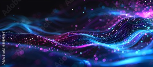 Abstract futuristic background with neon glowing lines and dots on dark blue, purple and turquoise colors
