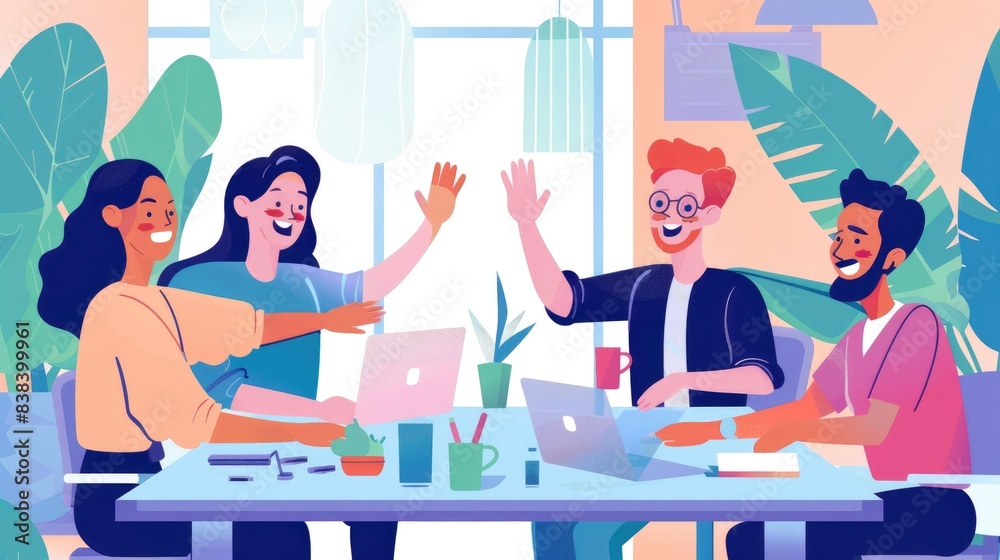 A celebratory team meeting after a successful project launch, with high fives and smiles around a conference table.