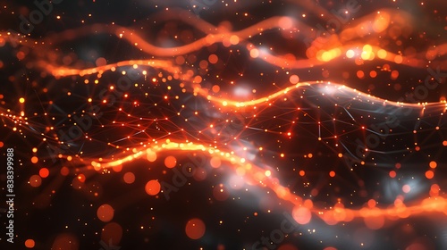 Abstract digital wave with glowing particles in vibrant orange and black  creating dynamic motion and futuristic feel. 3D Illustration.