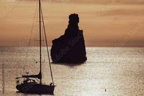 Sunset on Benirras beach in Ibiza in summer photo