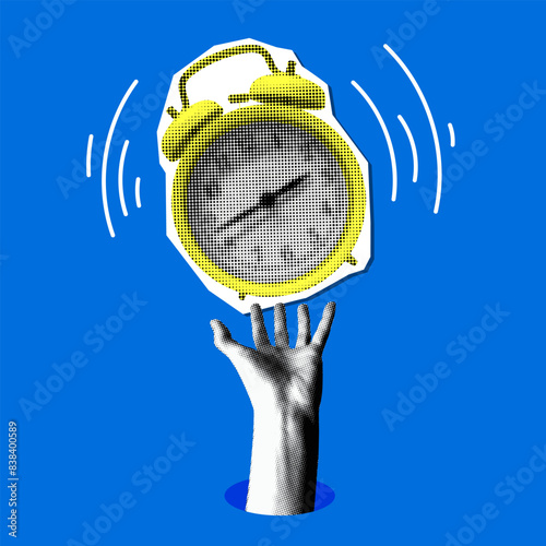 Halftone hand and alarm clock. Pop art style modern collage. Time planning. Ringing alarm clock. Newspaper elements. Deadline concept. Human hand controls time
