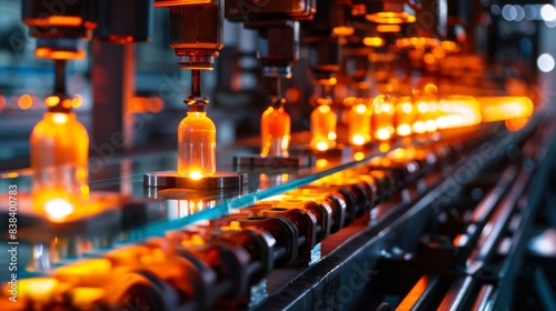 A factory assembly line with lights on the end of the conveyor belt