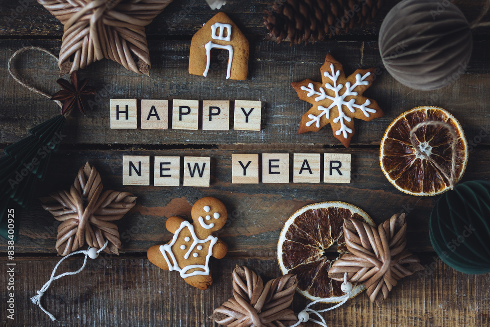 Happy New Year greeting written with wooden blocks . Holidays card on wooden background with gingerbread cookies, handmade craft toys, festive rustic zero waste decorations. Sustainable lifestyle Happy New Year greeting written with wooden blocks . Holidays card on wooden background with gingerbread cookies, handmade craft toys, festive rustic zero waste decorations. Sustainable lifestyle