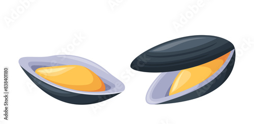 Two Fresh Mussels With Open Shells Revealing Vibrant Yellow Meat. Cartoon Vector Illustration Ideal For Culinary Recipes