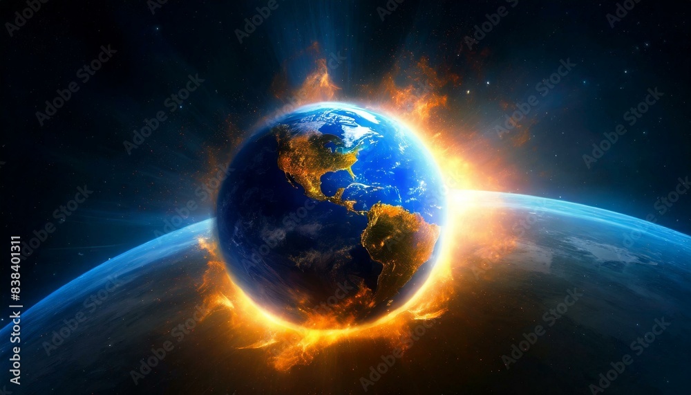 Obraz premium Global With Fire, Supernova Wave on Universal Space, Galaxy, Copy Space, Earth Dark Tone, Copy Space Background