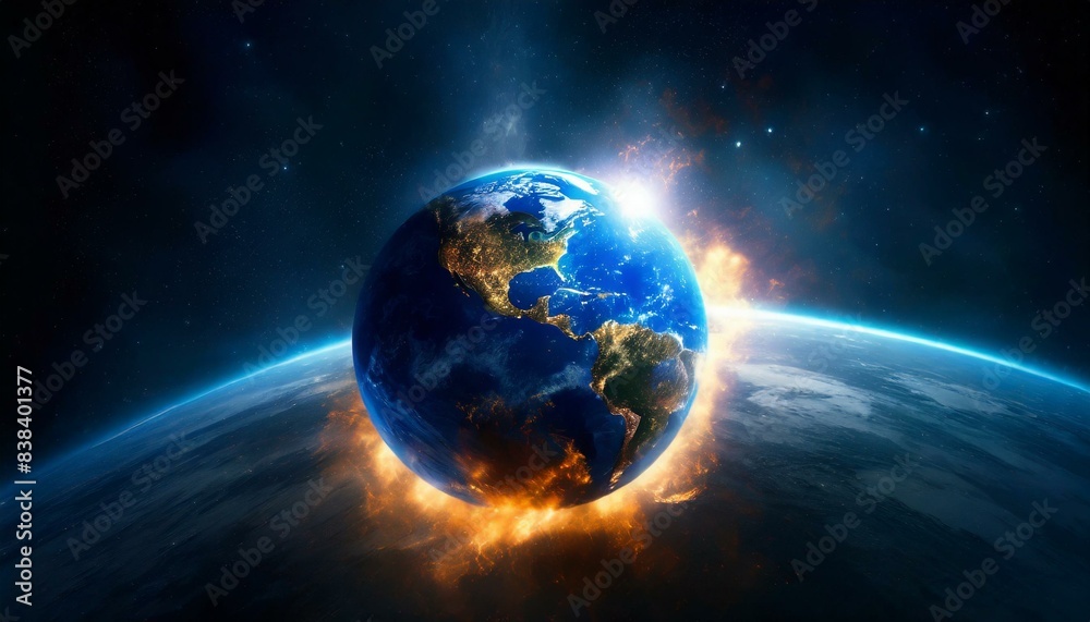 Global With Fire, Supernova Wave on Universal Space, Galaxy, Copy Space, Earth Dark Tone, Copy Space Background