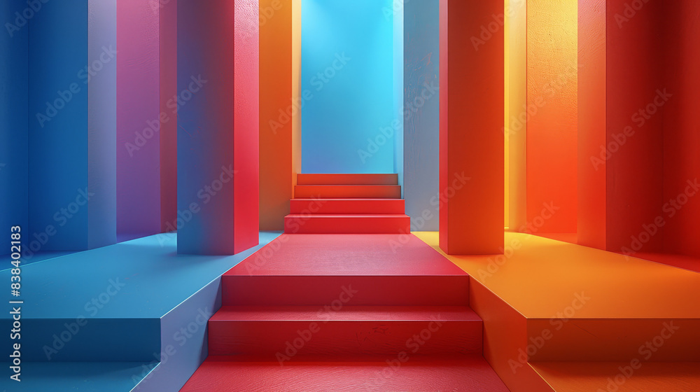 A colorful hallway with red steps leading up to a door A colorful hallway with red steps leading up to a door