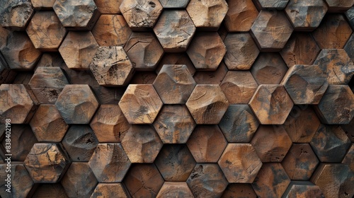 Fototapeta Naklejka Na Ścianę i Meble -  textured pattern wallpaper background design abstract wood wall structure surface hexagon rough floor material modern geometric backdrop honeycomb brown