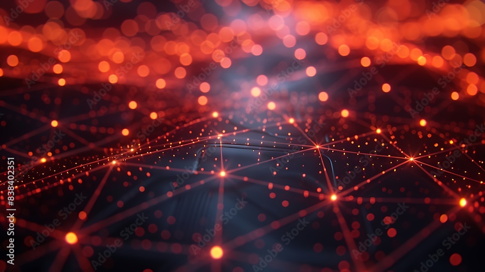 Obraz premium Abstract glowing red network grid with connecting dots and lines, representing digital data, communication, and technology. 3D Illustration.