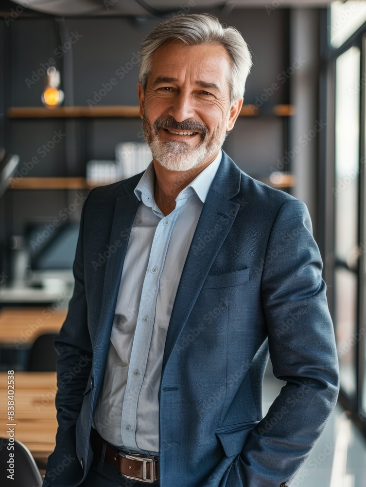 Fototapeta premium Confident Mature Business Leader: Smiling Middle-Aged Executive bank manager or investor, happy middle aged business man boss ceo standing in office, in Office Portrait hyper realistic 