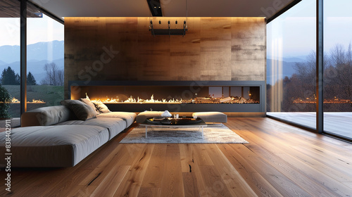 Modern living room with hardwood floors and a warm fireplace