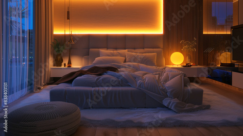 Modern living room with plush bedding and soft ambient lighting