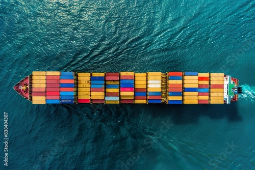 Aerial top view of cargo container business ship, global express in the ocean, logistic freight shipping and transportation, container cargo maritime ship