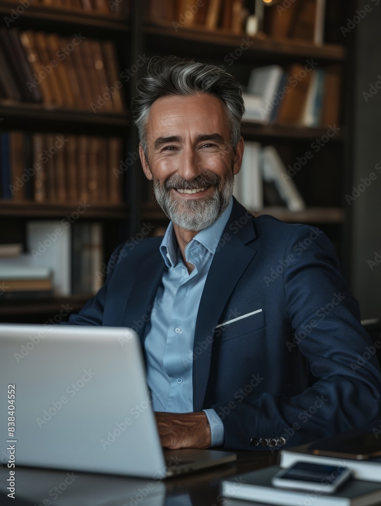 Happy smiling middle aged professional business man company executive ceo manager wearing blue suit sitting at desk in office working on laptop computer. Portrait. Generative AI. hyper realistic Happy smiling middle aged professional business man company executive ceo manager wearing blue suit sitting at desk in office working on laptop computer. Portrait. Generative AI. hyper realistic