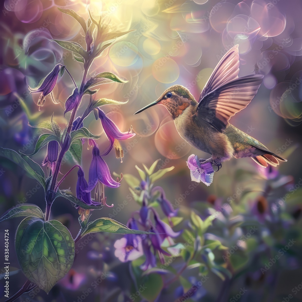 Naklejka premium Hummingbird flying to pick up nectar from a beautiful flower. Digital artwork Job ID: 2740d1ae-fe00-4304-9a33-e57638df2ac2