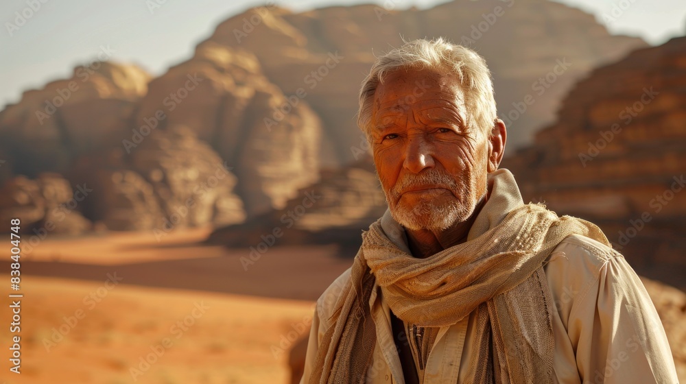Naklejka premium Elderly Caucasian man with a scarf, standing in a desert with rocky mountains in the background.
