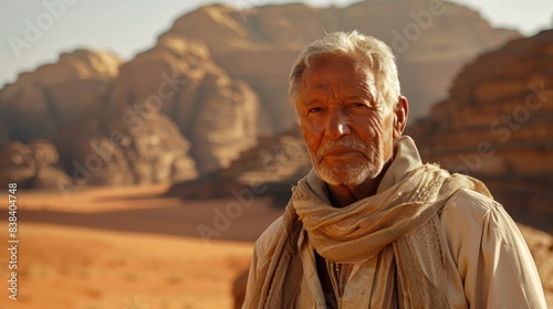 Elderly Caucasian man with a scarf, standing in a desert with rocky mountains in the background.