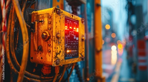 Rugged industrial control panel with glowing lights and wiring, set against a blurred urban background, showcasing technology in a harsh environment.