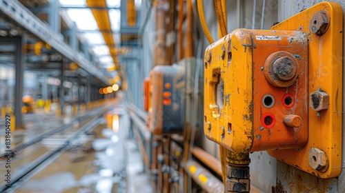 Electrical in the weathered orange box at a construction robot charging station, mounted on a metal structure in an industrial setting, highlighting the robustness required in harsh environments.
