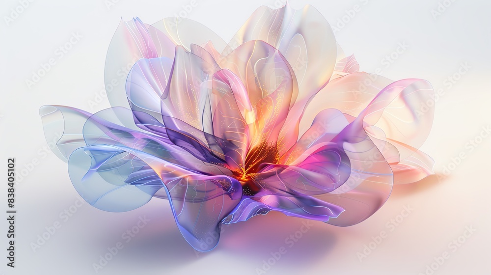 Fototapeta premium Abstract colorful digital flower artwork with soft gradients and translucent petals, creating a dreamy and delicate visual experience.
