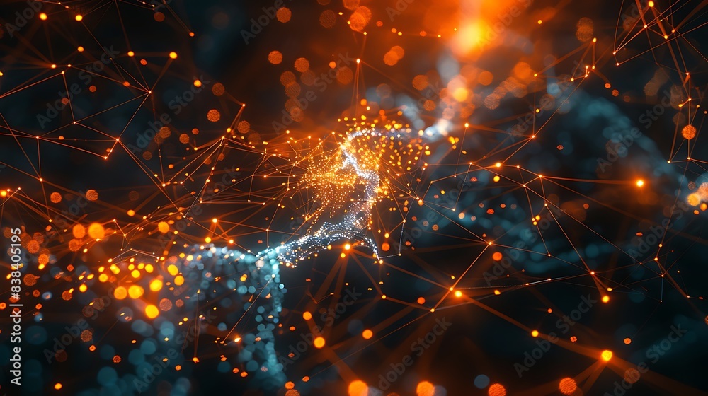 Abstract visualization of interconnected nodes and glowing particles in hues of blue and orange, depicting data and networks. 3D Illustration. Abstract visualization of interconnected nodes and glowing particles in hues of blue and orange, depicting data and networks. 3D Illustration.