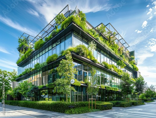 Wallpaper Mural Architecture image with a modern glass building with a lot of green plants trees and bushes for business architecture environmental friendly and eco-concept Torontodigital.ca