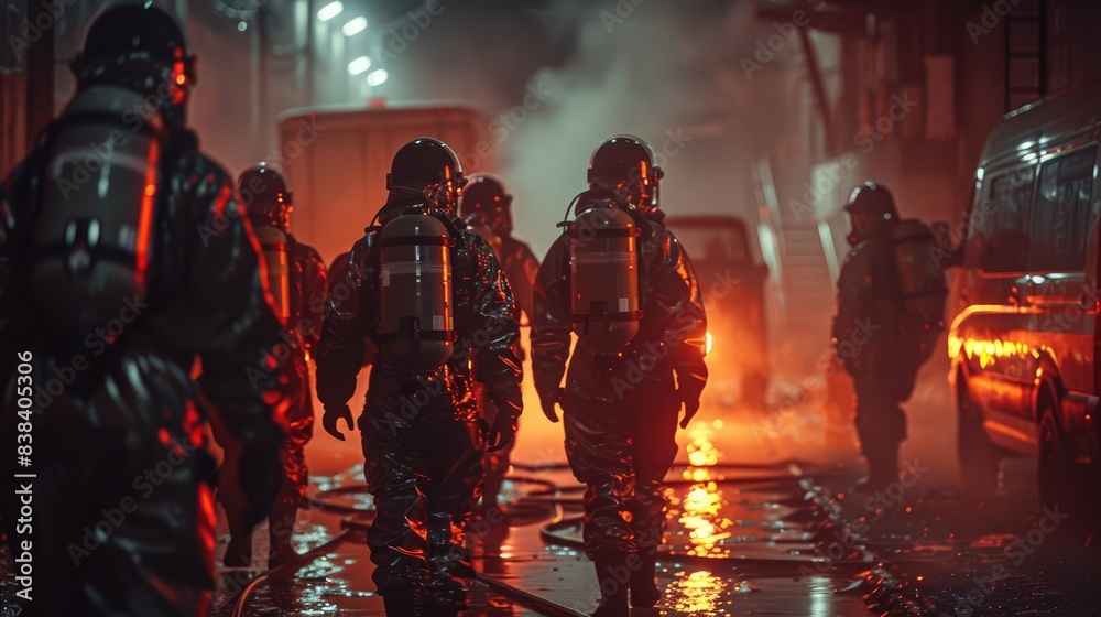 Group in black hazmat suits with oxygen tanks walking through a smoky, illuminated street at night, ready for a high-risk operation. Group in black hazmat suits with oxygen tanks walking through a smoky, illuminated street at night, ready for a high-risk operation.
