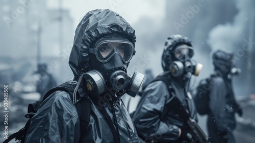Workers in black hazmat suits and gas masks surveying a smoky, desolate area, highlighting the need for protection in dangerous environments.