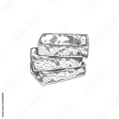 Hand drawn stack of handmade soap. Vector black and white sketch.