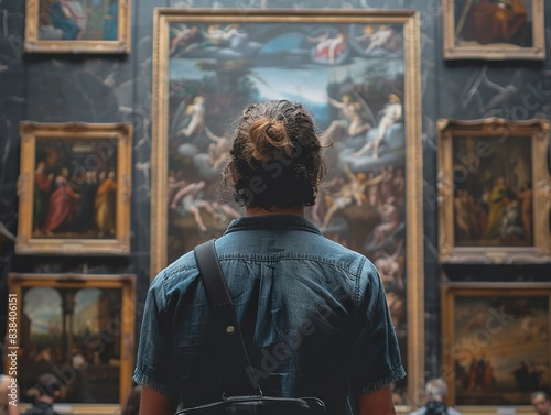 Back of an adult person looking at renaissance style paintings in an old museum art gallery