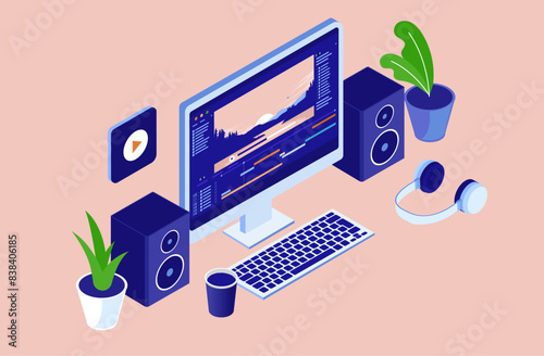 Video production and editing software on computer screen - Isometric vector illustration of desktop PC with movie clip program app, speakers and equipment in cosy office setting
