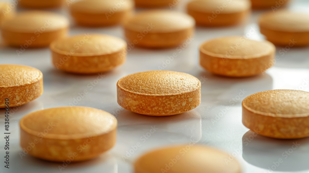 Brown Vitamin Pills Neatly Arranged on a Table Brown Vitamin Pills Neatly Arranged on a Table