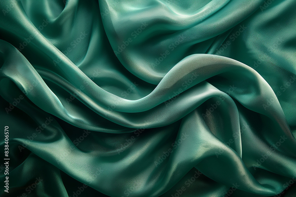 A piece of emerald green silk draped over a surface, with intricate folds and shadows emphasizing its rich sheen