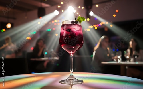 Delicious refreshing blackberry alcoholic cocktail or lemonade in a glass on a table in a restaurant with backgrounds of bright disco lights soft focus