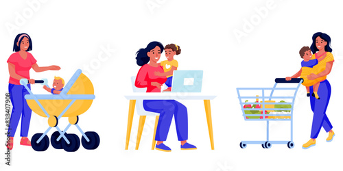 Mother, kids and baby set isolated on white background. Vector flat cartoon characters illustration. Women do shopping, work at home on laptop and walk with stroller