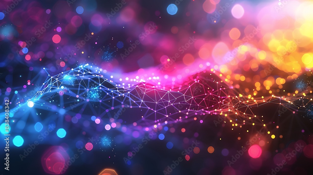 Fototapeta premium Vivid abstract background of colorful particles and dynamic light patterns forming an intricate network of connections and shapes. 3D Illustration.