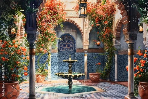 a painting of a fountain in a courtyard, a painting of a fountain in a courtyard, An Arabic courtyard filled with mosaic art and lush green plants
