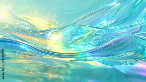 Abstract iridescent background with flowing liquid-like texture and vivid colors in turquoise, blue, yellow, and green hues