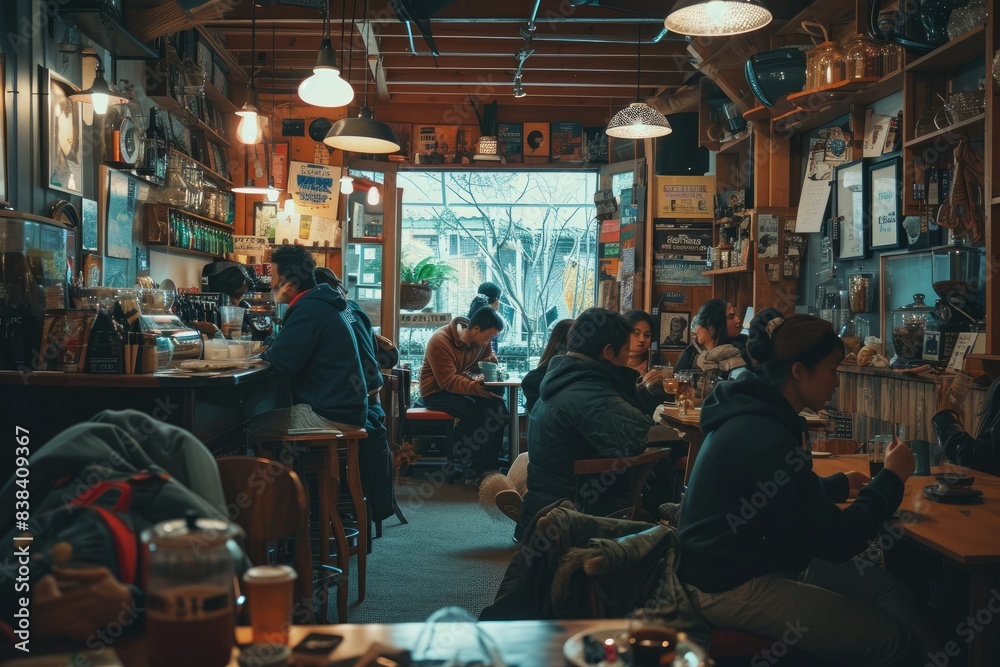 a group of people sitting at tables in a restaurant, a group of people sitting at tables in a restaurant, poetry slam gathering in a cozy cafe a group of people sitting at tables in a restaurant, a group of people sitting at tables in a restaurant, poetry slam gathering in a cozy cafe