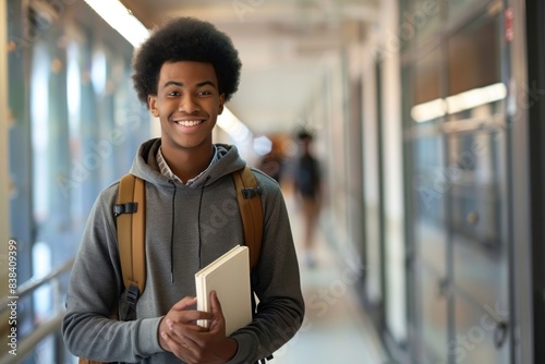 A young Black male student, with an afro hairstyle, smiles in a university corridor, holding books. photo