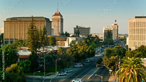 4K Ultra HD Drone Shot of Morning Sunlight on Downtown Buildings in Fresno, California photo