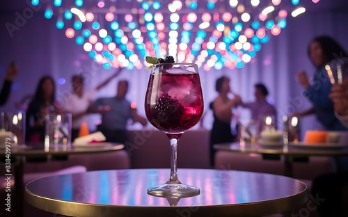 Delicious refreshing blackberry alcoholic cocktail or lemonade in a glass on a table in a restaurant with backgrounds of bright disco lights soft focus