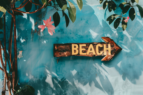 Fototapeta Naklejka Na Ścianę i Meble -  A vintage house wall painted blue with an arrow sign and an inscription BEACH on it