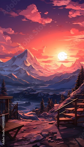 Beautiful panoramic view of the snowy mountains at sunset.